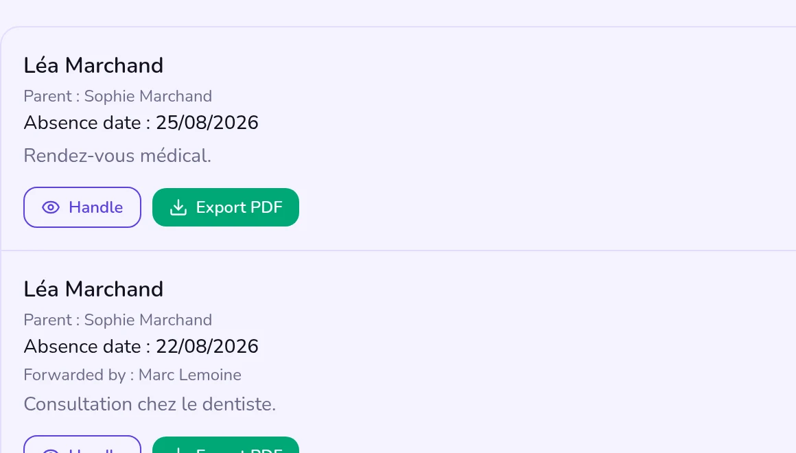 Administration view: handle the note, export the PDF