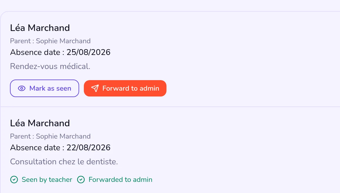 Teacher view: mark the note as seen, forward it to the administration