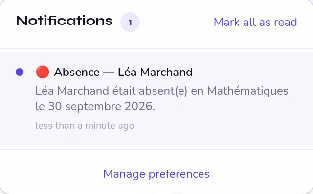 Notification received by the parent: Léa Marchand was absent in Mathematics