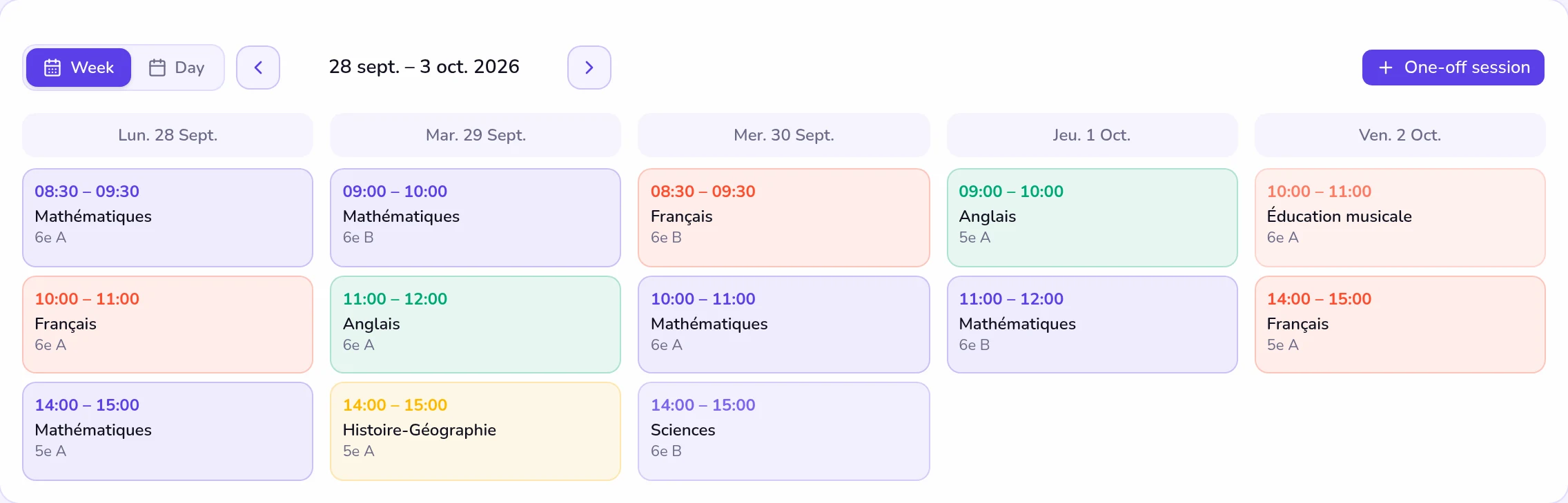 The week's timetable, sessions coloured by subject