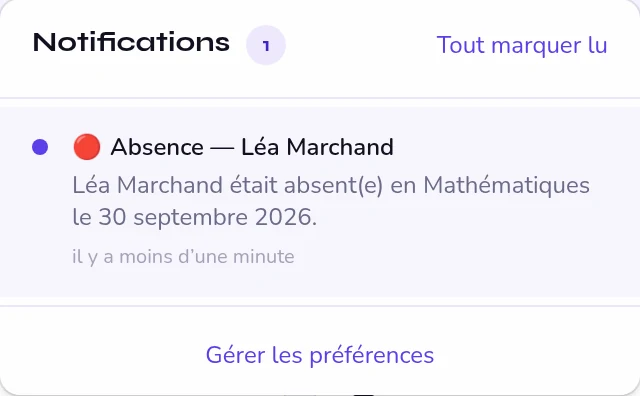 Notification reçue par le parent : Léa Marchand était absente en Mathématiques