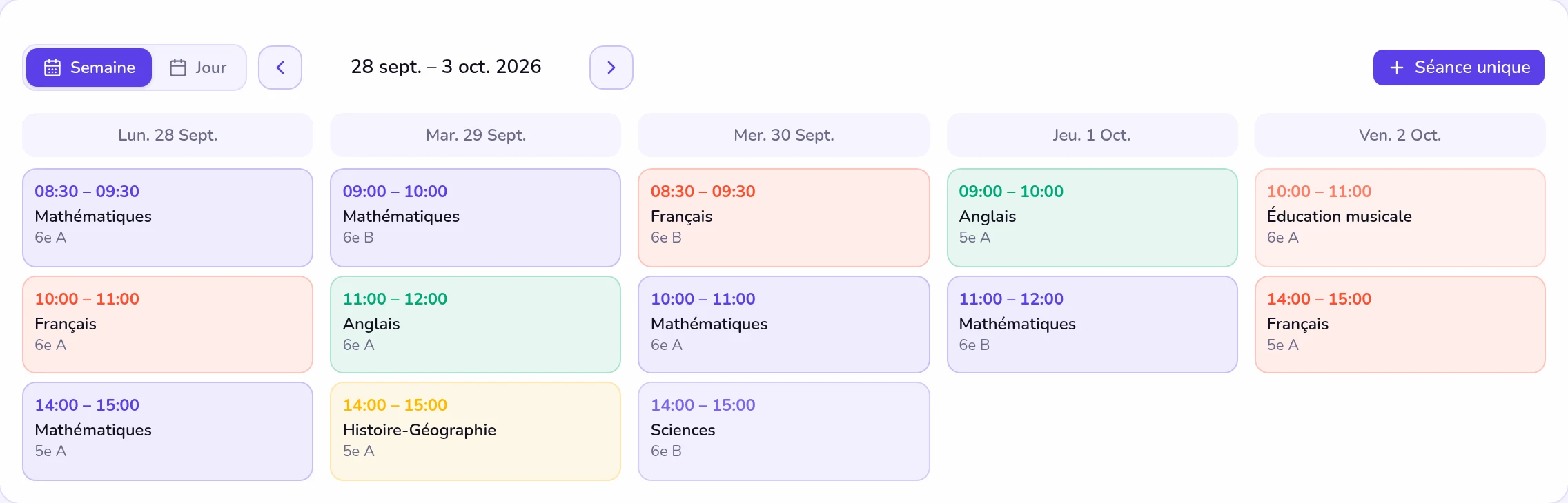 Planning de la semaine, séances colorées par matière