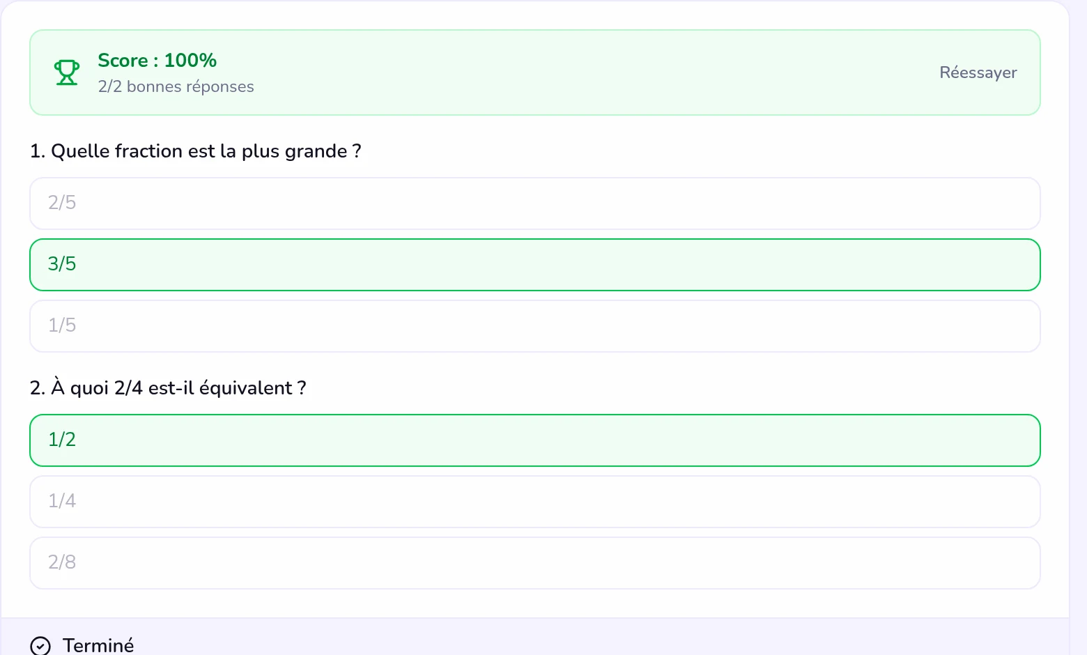 Quiz réussi à 100 % dans un cours en ligne